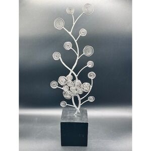 Silver Metal Tree Circle Swirl Sculpture Black Base 19" MCM Decorative Abstract